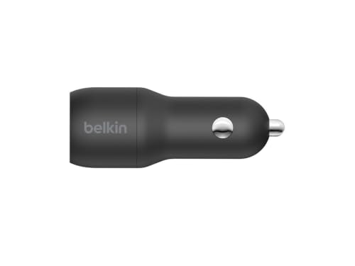 Belkin BOOST CHARGE Dual USB A Car Charger 24W + USB A to USB C Cable, Black, CCE001bt1MBK