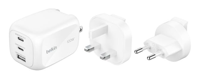Belkin 3-Port USB-C Plug 100W, GaN Wall Charger with 2x USB-C & 1 USB-A Ports, Plug Tips included for EU/UK/US, Fast Charging for MacBook, iPhone, iPad Pro, Samsung Galaxy, Google Pixel, etc - White