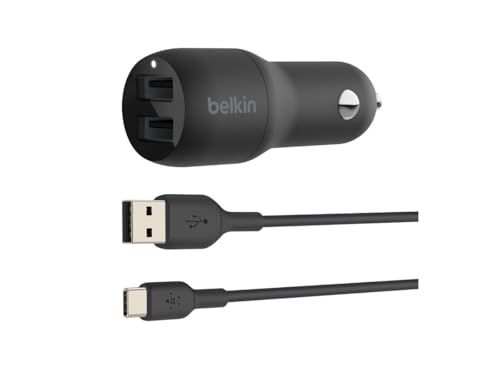 Belkin BOOST CHARGE Dual USB A Car Charger 24W + USB A to USB C Cable, Black, CCE001bt1MBK