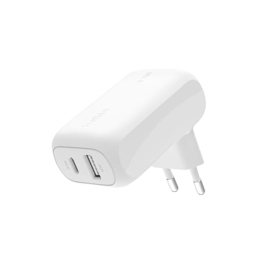 Belkin BoostCharge 42W Dual Port Wall Charger, USB-C + USB-A Charger Fast Charging for iPhone 15, 15 Plus, 15 Pro Max, 14, 14 Pro Max, 13, Galaxy S24, Plus, Ultra, iPad, AirPods & More - White