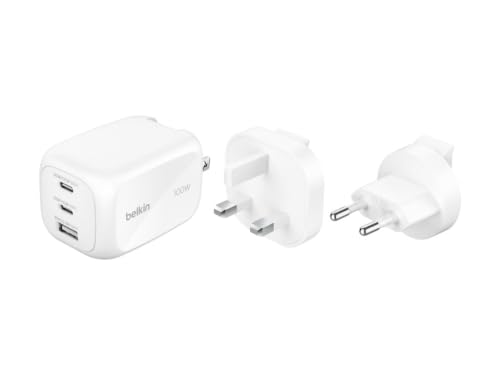 Belkin 3-Port USB-C Plug 100W, GaN Wall Charger with 2x USB-C & 1 USB-A Ports, Plug Tips included for EU/UK/US, Fast Charging for MacBook, iPhone, iPad Pro, Samsung Galaxy, Google Pixel, etc - White