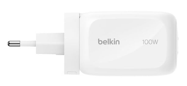 Belkin 3-Port USB-C Plug 100W, GaN Wall Charger with 2x USB-C & 1 USB-A Ports, Plug Tips included for EU/UK/US, Fast Charging for MacBook, iPhone, iPad Pro, Samsung Galaxy, Google Pixel, etc - White