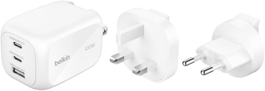 Belkin 3-Port USB-C Plug 100W, GaN Wall Charger with 2x USB-C & 1 USB-A Ports, Plug Tips included for EU/UK/US, Fast Charging for MacBook, iPhone, iPad Pro, Samsung Galaxy, Google Pixel, etc - White