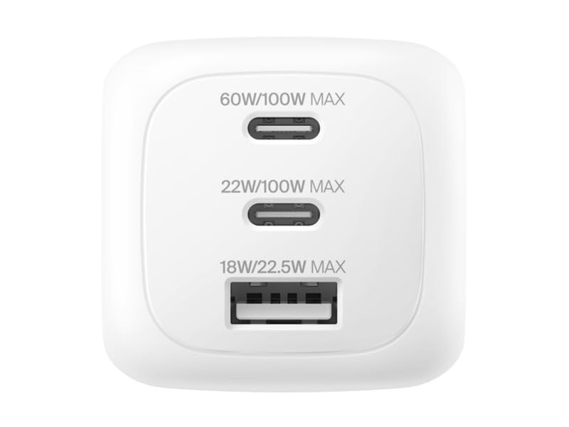 Belkin 3-Port USB-C Plug 100W, GaN Wall Charger with 2x USB-C & 1 USB-A Ports, Plug Tips included for EU/UK/US, Fast Charging for MacBook, iPhone, iPad Pro, Samsung Galaxy, Google Pixel, etc - White