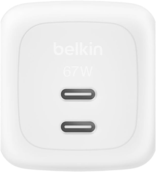 Belkin SmartProtect 2-Port USB C Charger 67W, Dual-Port GaN Charger, 2m USBC Cable Included, Fast Charging for MacBook, iPhone 17, iPad Pro, Chromebook, Galaxy S25 Ultra, Pixel 10 - White
