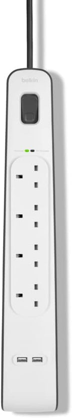 Belkin 4 Way 2 Meter Surge Protection Strip with 2 x 2.4 Ampere USB Charging