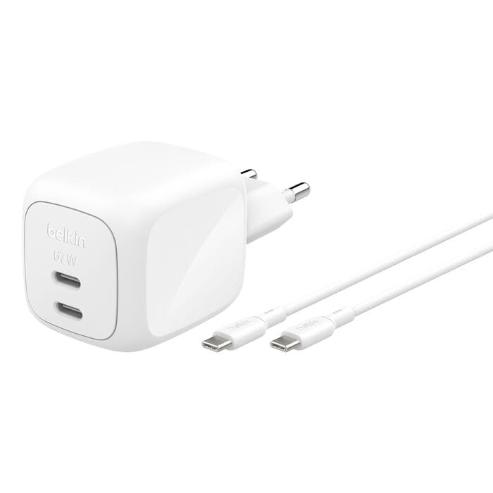 Belkin SmartProtect 2-Port USB C Charger 67W, Dual-Port GaN Charger, 2m USBC Cable Included, Fast Charging for MacBook, iPhone 17, iPad Pro, Chromebook, Galaxy S25 Ultra, Pixel 10 - White