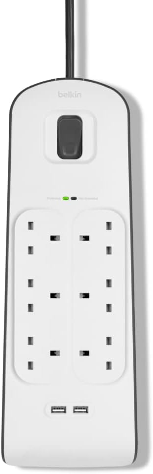 Belkin 6 Way/6 Plug Surge Protection Strip With 2 Meters Cord Length - Heavy Duty Electrical Extension Socket With 2 X 2.4 A Shared Usb Ports