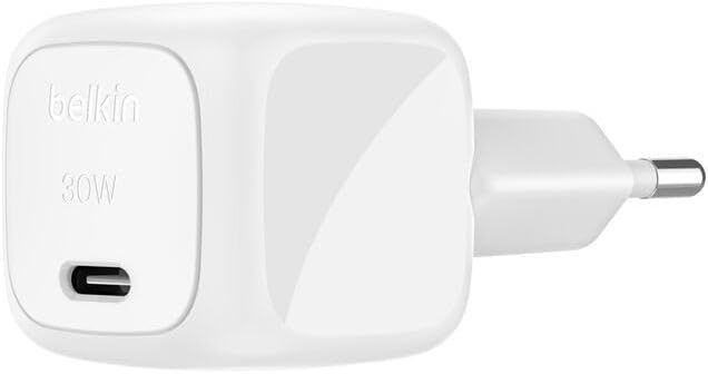 Belkin BoostCharge Compact Charger (30W) Travel USB-C Power Delivery Fast Charger for Apple iPhone, Samsung Galaxy, iPad, AirPods, Tablets etc with USB-C Cable - White, C to C cable Included