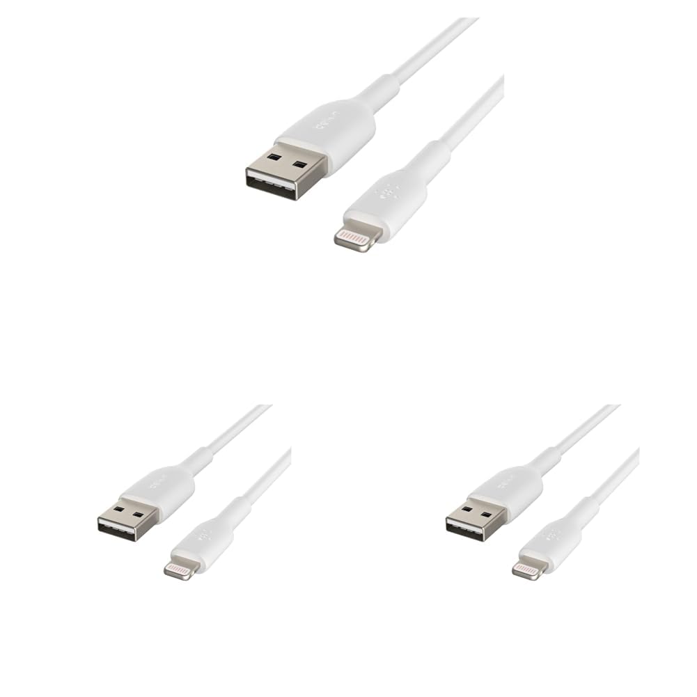 Belkin Lightning Cable (Boost Charge Lightning to USB Cable for iPhone, iPad, AirPods) MFi-Certified iPhone Charging Cable (White, 2m) (Pack of 3)