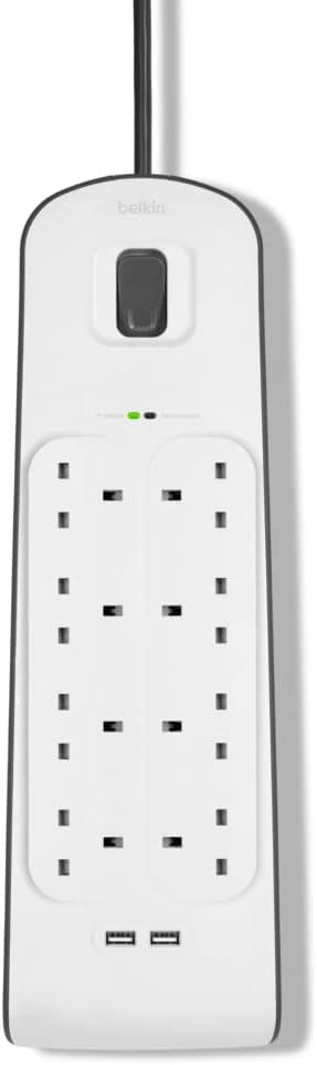Belkin 8 Way/8 Plug Surge Protection Strip With 2 Meters Cord Length - Heavy Duty Electrical Extension Socket With 2 X 2.4 A Shared USB Ports