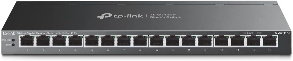 TP-Link TL-SG116P | 16 Port Gigabit PoE Switch | 16 PoE+ Ports @120W | Plug & Play | Extend, Priority & Isolation Mode | PoE Auto Recovery | Fanless | QoS & IGMP Snooping