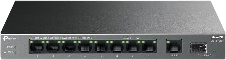 TP-Link 10-Port Gigabit Desktop Switch with 8-Port PoE+, Plug and Play, Auto Recovery, Silent Operation (LS1210GP)