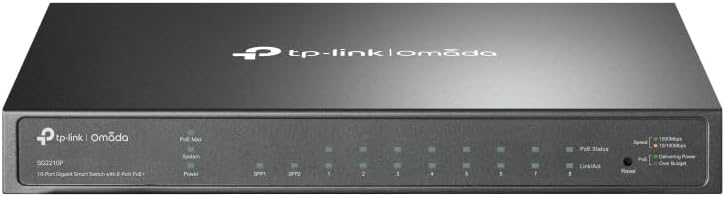 TP-Link JetStream 8-Port Gigabit Smart PoE+ Switch with 2 SFP Slots, Supports 8 Gigabit PoE Ports, 58W Budget, Fanless (TL-SG2210P)