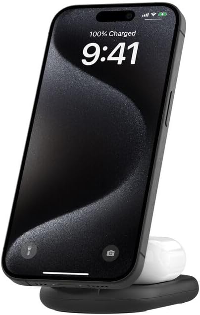 Belkin BoostCharge Magnetic Foldable Qi2 Charger 2 in 1 Power 15W MagSafe Compatible Wireless Charger for Apple iPhone 16/15/14/13 with Non-slip Base, Power Supply Included - Black