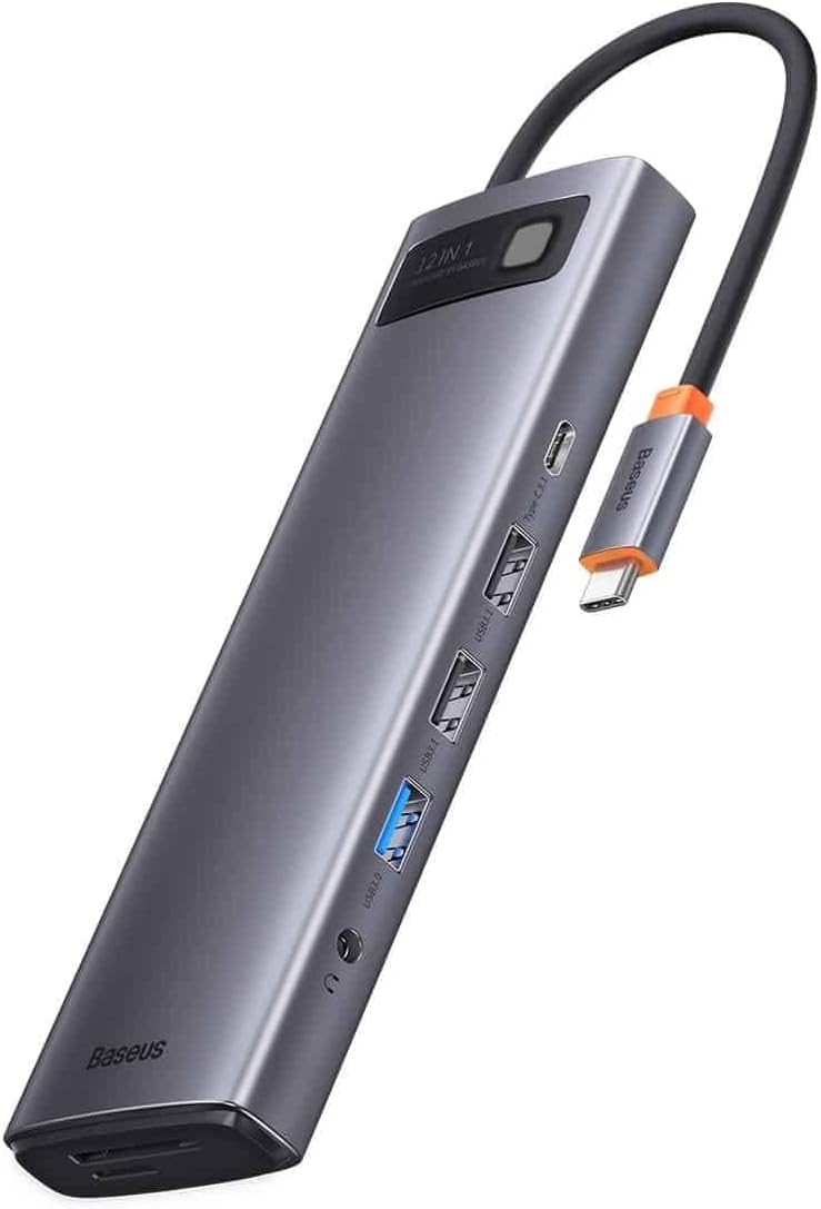 Baseus HUB Metal Glam Series 12-in-1 (2xUSB-A 3.0, 2xUSB-A 3.2, Type-C male, Type-C female, HDMI 8K 30Hz, DP Jack 8K 30Hz, RJ45, SD/TF reader, 3.5 mm Jack Socket) — Grey