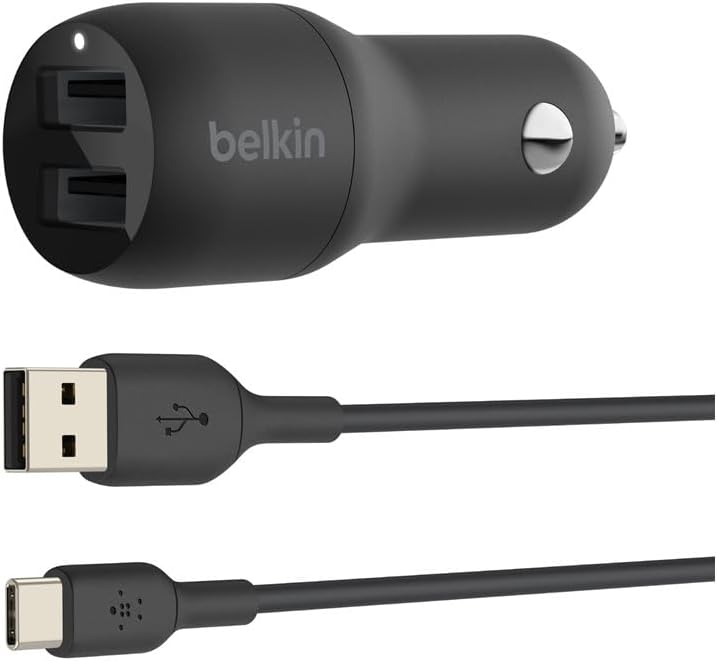 Belkin BOOST CHARGE Dual USB A Car Charger 24W + USB A to USB C Cable, Black, CCE001bt1MBK