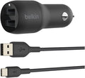 Belkin BOOST CHARGE Dual USB A Car Charger 24W + USB A to USB C Cable, Black, CCE001bt1MBK