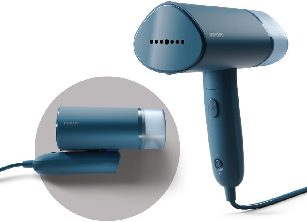 Philips Handheld Garment Steamer STH3000/20 - Compact & Foldable, Convenient Vertical Steaming, 1000 Watt Quick Heat Up, up to 20g/min, Kills 99.9% Bacteria (Reno Blue), Small — Reno Blue