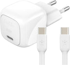 Belkin BoostCharge Compact Charger (30W) Travel USB-C Power Delivery Fast Charger for Apple iPhone, Samsung Galaxy, iPad, AirPods, Tablets etc with USB-C Cable - White, C to C cable Included