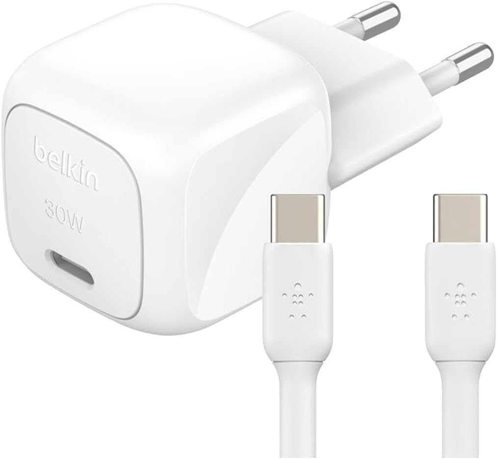 Belkin BoostCharge Compact Charger (30W) Travel USB-C Power Delivery Fast Charger for Apple iPhone, Samsung Galaxy, iPad, AirPods, Tablets etc with USB-C Cable - White, C to C cable Included