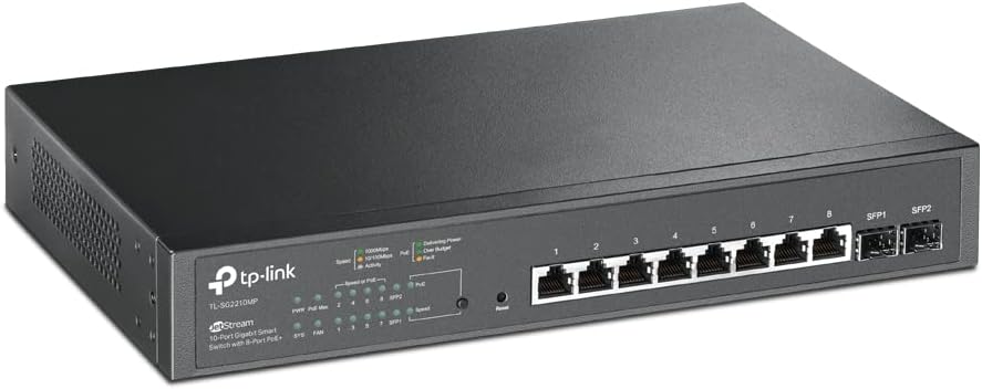 TP-Link SG2210MP JetStream 10-Port Gigabit Smart Switch with 8-Port PoE+, 2 SFP slots (150 W, Rackmount), Black