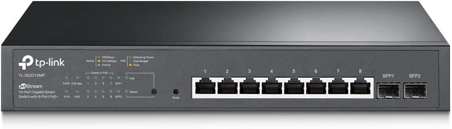 TP-Link SG2210MP JetStream 10-Port Gigabit Smart Switch with 8-Port PoE+, 2 SFP slots (150 W, Rackmount), Black