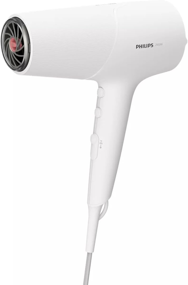 Philips 5000 Series Hair Dryer with ThermoShield Technology, 3 Heat and 2 Speed Levels, 2,100 W Drying Power (Model BHD500/00) — Metallic White