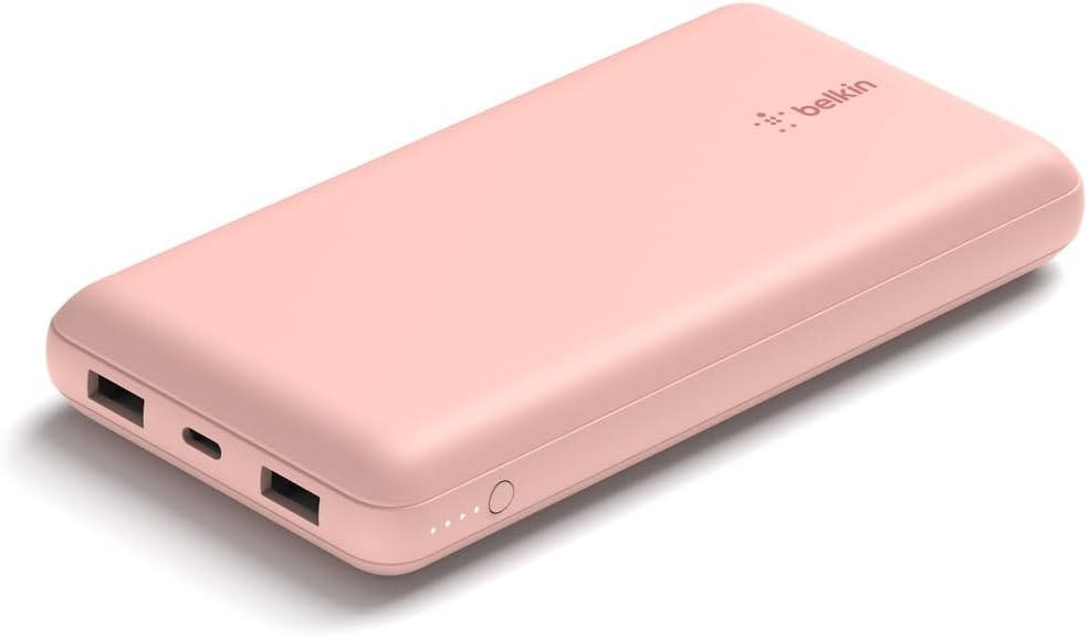Belkin USB C Portable Charger 20000 mAh, 20K Power Bank with USB Type C Input Output Port and 2 USB A Ports with Included USB C to A Cable for iPhone, Galaxy, and More – Rose Gold