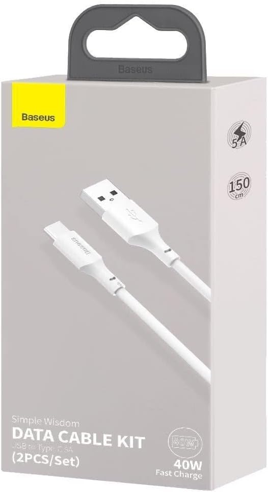 Baseus Type C Cable 1.5m 2Pack Fast Charging 5A USB A to USB C Data Cable — 1.5 Meters — White