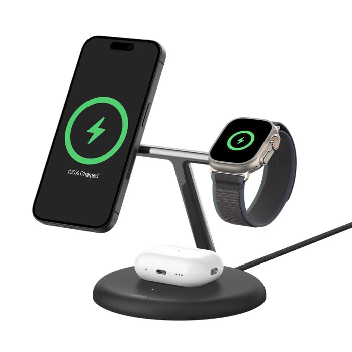 Belkin BoostCharge Pro 3 in 1 Wireless Charging Stand with Qi2 (15W) with Power Adapter Included - Black