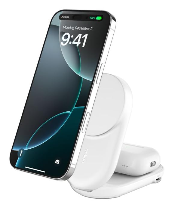 Belkin UltraCharge 2-in-1 Wireless Charger 25W, Qi2 Certified MagSafe Compatible Charger, Charging Station for iPhone 16, AirPods, Pixelsnap, Magnetic Stand with USB-C Port, 45W Adapter - White