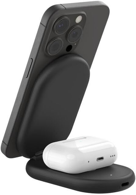 Belkin BoostCharge Magnetic Foldable Qi2 Charger 2 in 1 Power 15W MagSafe Compatible Wireless Charger for Apple iPhone 16/15/14/13 with Non-slip Base, Power Supply Included - Black