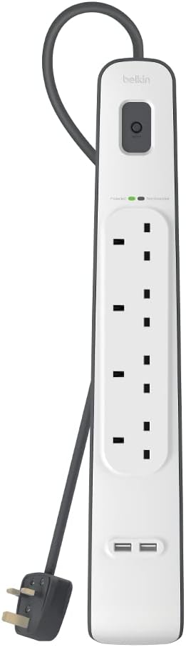 Belkin 4 Way 2 Meter Surge Protection Strip with 2 x 2.4 Ampere USB Charging