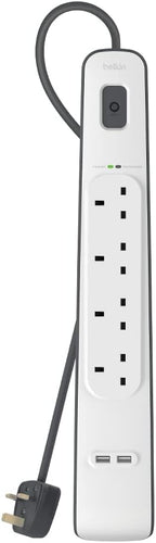 Belkin 4 Way 2 Meter Surge Protection Strip with 2 x 2.4 Ampere USB Charging