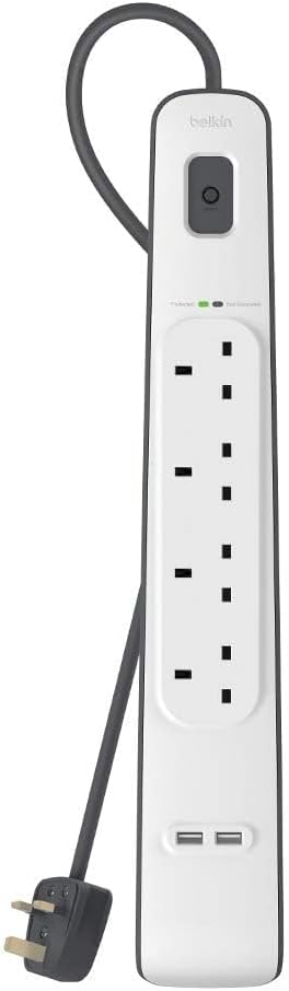 Belkin 4 Way/4 Plug Surge Protection Strip With 2 Meters Cord Length - Heavy Duty Electrical Extension Socket with 2 x 2.4 A Shared USB Ports , White , BSV401ar2M