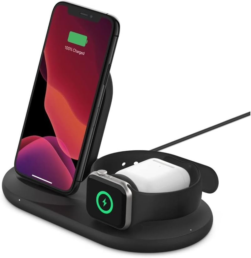 Belkin 3 in 1 Wireless Charging Station, 7.5W Wireless Charger for iPhone, Apple Watch and AirPods, Wireless Charging Dock, iPhone Charging Dock, iPhone 16, 15, 14, Apple Watch series 10, 9, 8 - Black