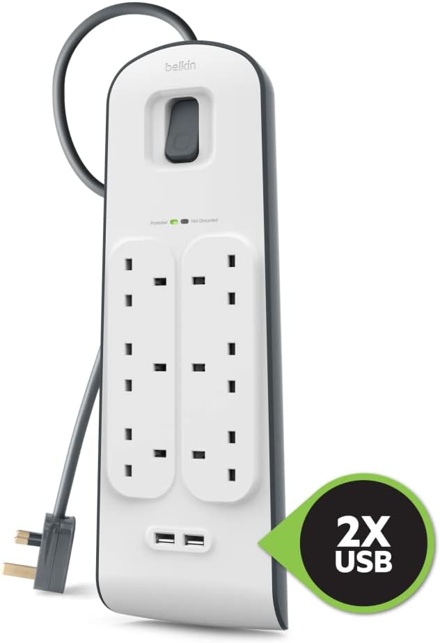 Belkin 6 Way/6 Plug Surge Protection Strip With 2 Meters Cord Length - Heavy Duty Electrical Extension Socket With 2 X 2.4 A Shared Usb Ports