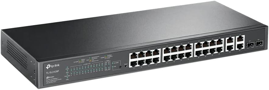 TP-Link TL-SL2428P V4 | 24 Port Fast Ethernet Smart Managed PoE Switch | 24 PoE+ Ports @250W, w/ 4 Gigabit Ports + 2 Combo SFP Slots | Omada SDN Integrated | Limited Lifetime Protection | PoE Recovery