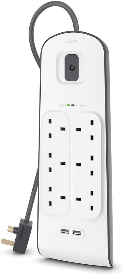 Belkin 6 Way/6 Plug Surge Protection Strip With 2 Meters Cord Length - Heavy Duty Electrical Extension Socket With 2 X 2.4 A Shared Usb Ports