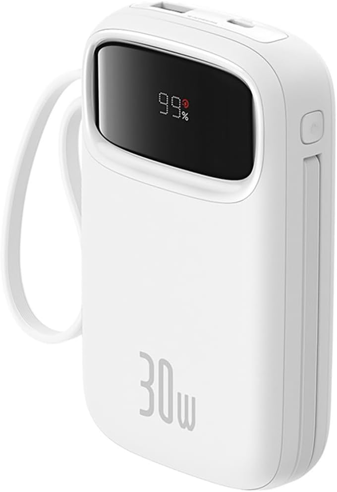 Baseus Qpow2 10000mAh Type C Power Bank with 2 Built-in USB C Cable, 30W Portable Battery with LED Display, 1 USB C, USB A Port External Pack — 10K-30W-C+C — White