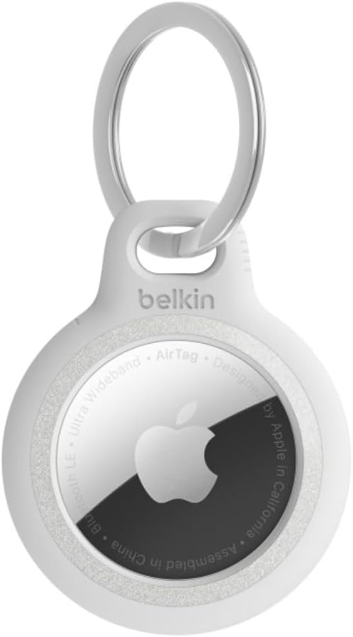 Belkin Apple AirTag Reflective Secure Holder With Key Ring - Apple AirTag Keychain - AirTag Holder - AirTag Keychain Accessories - Reflective & Scratch Resistant AirTag Case With Raised Edges - White