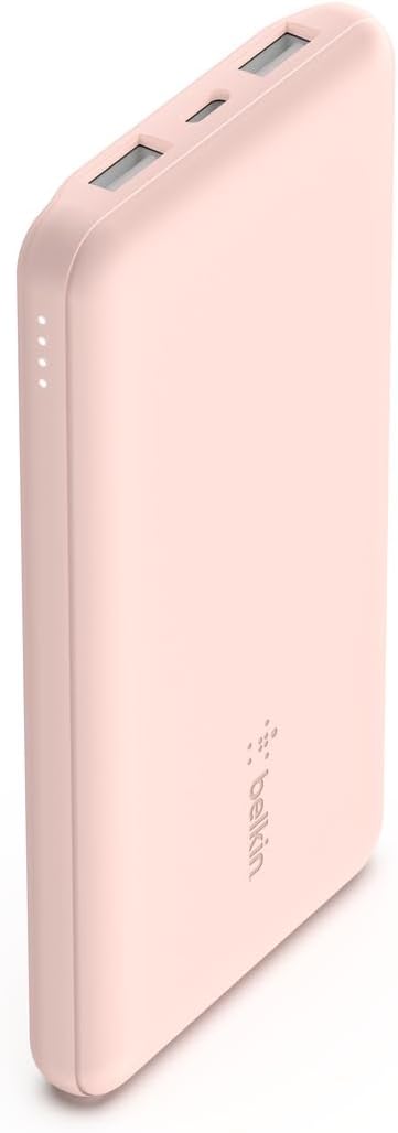 Belkin 10000mAh portable power bank, 10K USB-C portable charger with 1 USB-C port and 2 USB-A ports, battery pack for up to 15W charging for iPhone, Samsung Galaxy, AirPods, iPad, and more – Rose Gold