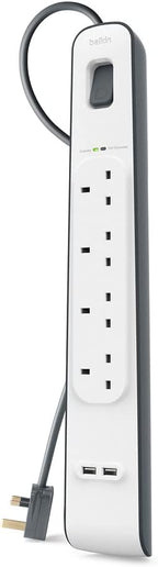 Belkin 4 Way 2 Meter Surge Protection Strip with 2 x 2.4 Ampere USB Charging