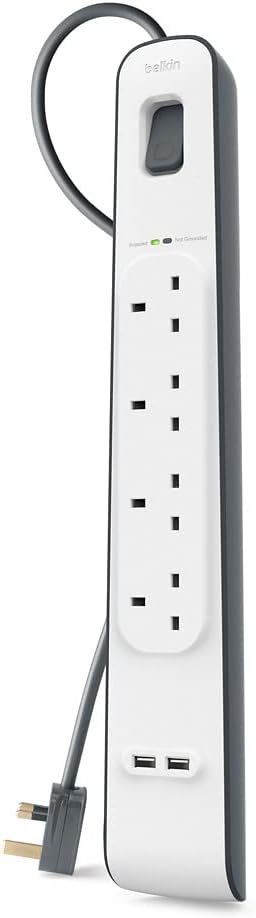Belkin 4 Way 2 Meter Surge Protection Strip with 2 x 2.4 Ampere USB Charging