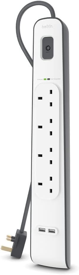 Belkin 4 Way 2 Meter Surge Protection Strip with 2 x 2.4 Ampere USB Charging