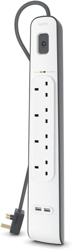 Belkin 4 Way 2 Meter Surge Protection Strip with 2 x 2.4 Ampere USB Charging
