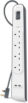 Belkin 4 Way 2 Meter Surge Protection Strip with 2 x 2.4 Ampere USB Charging