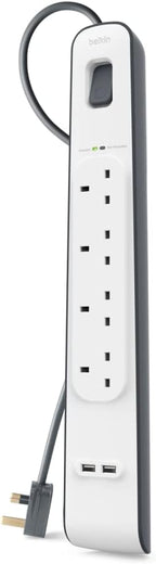 Belkin 4 Way 2 Meter Surge Protection Strip with 2 x 2.4 Ampere USB Charging