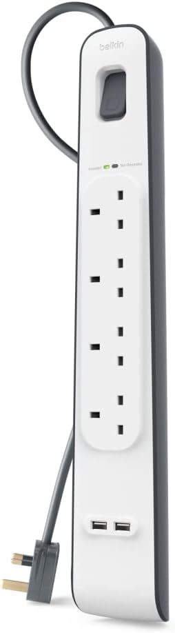 Belkin 4 Way 2 Meter Surge Protection Strip with 2 x 2.4 Ampere USB Charging